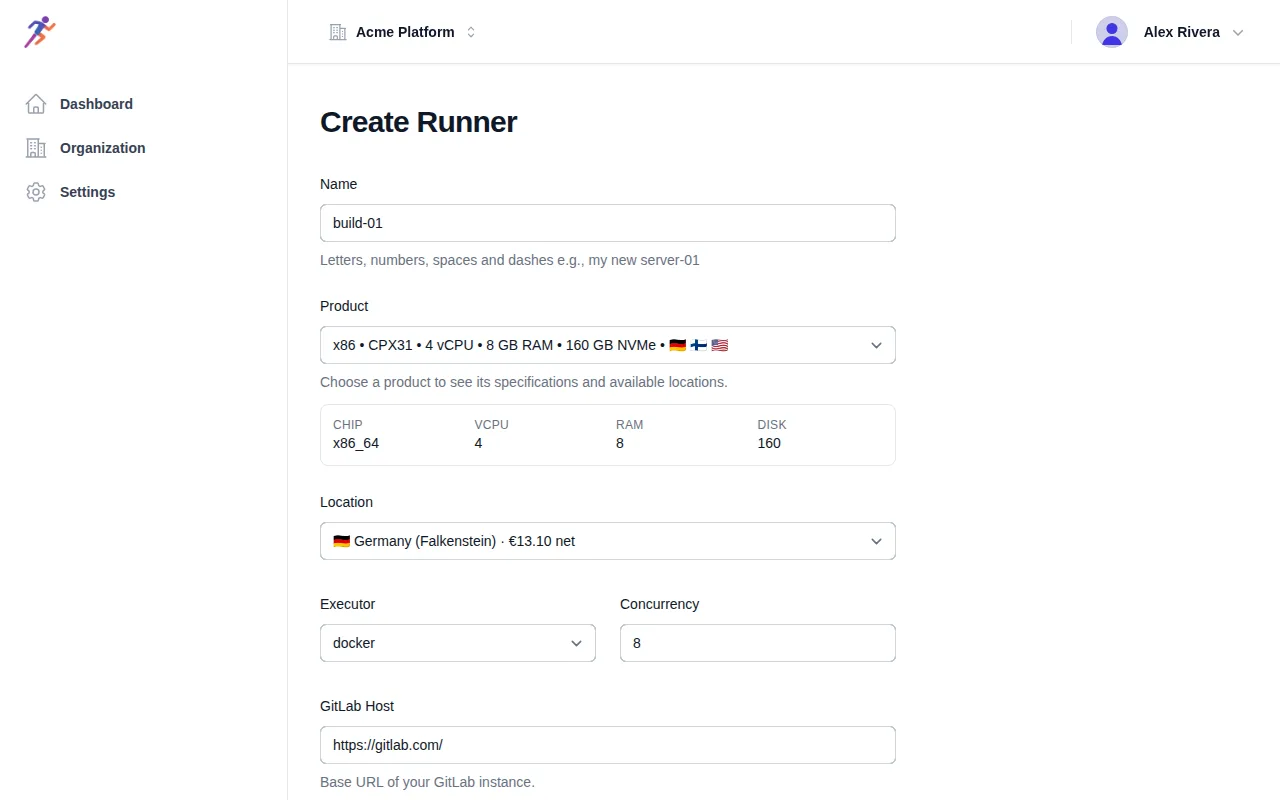 The Create Runner form filled in with a Docker runner on a CPX31 server in Falkenstein