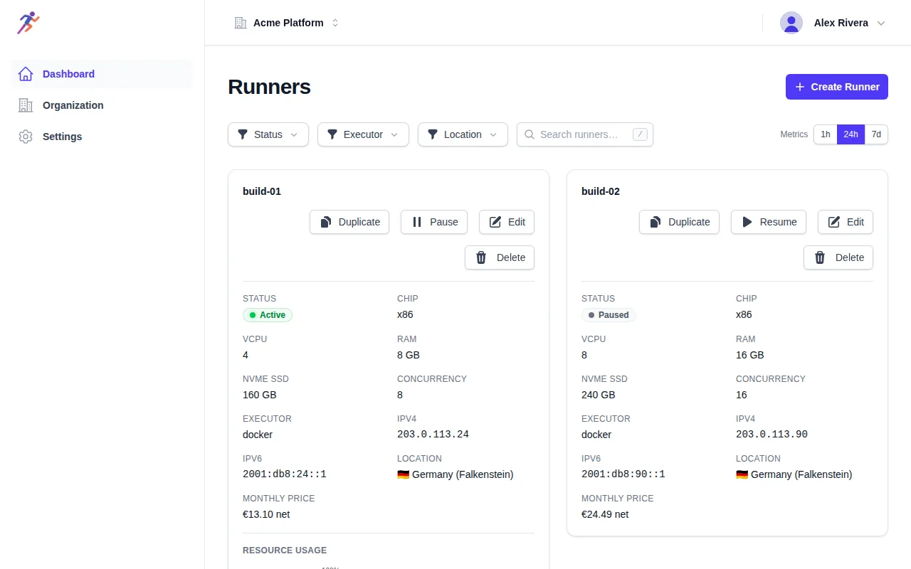The dashboard with an active and a paused runner