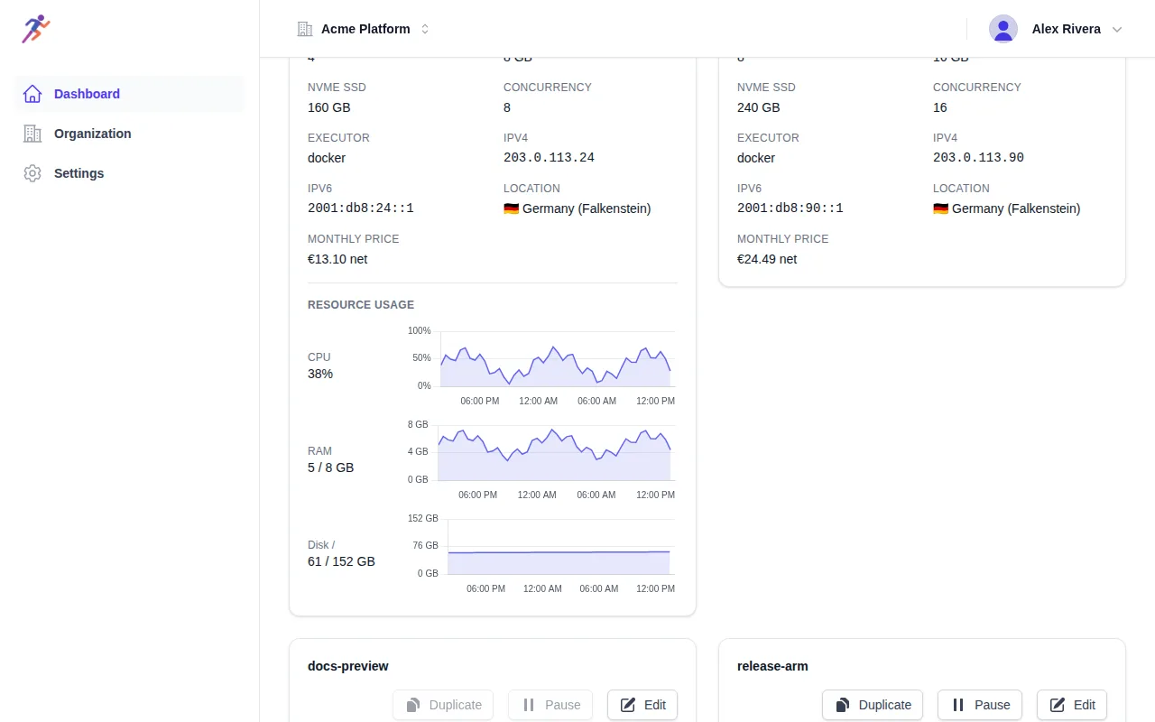 A runner card with CPU, RAM and disk charts for the last 24 hours