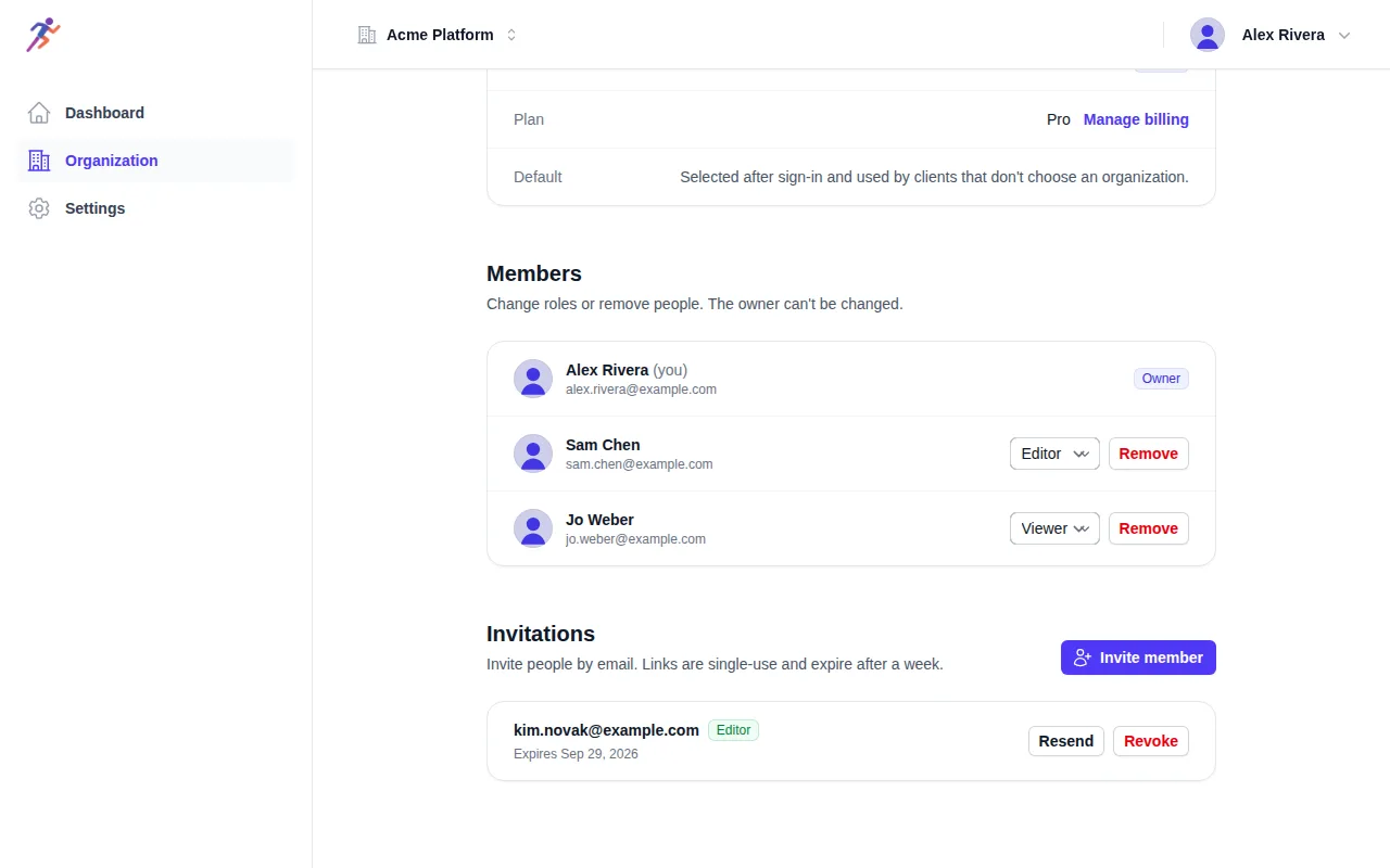 Organization settings with members and a pending invitation